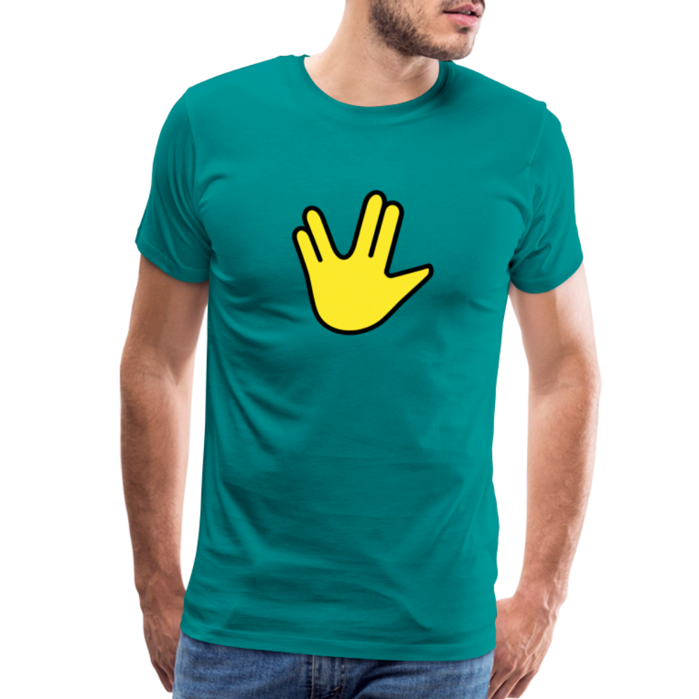 Emoji Expression: Vulcan Salute + May the Moji Force See You Live Long Time and Prosper Text (Double-Sided) Men's Premium T-Shirt - Emoji.Express - teal