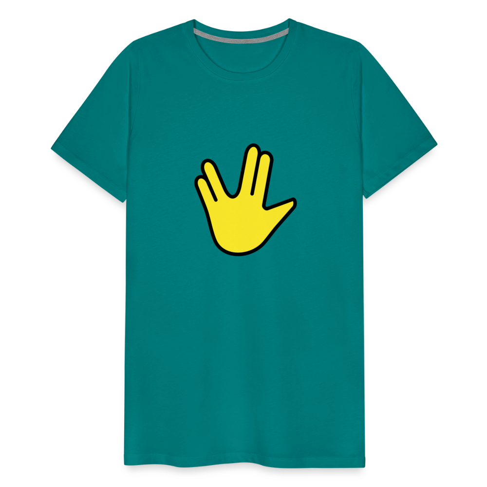 Emoji Expression: Vulcan Salute + May the Moji Force See You Live Long Time and Prosper Text (Double-Sided) Men's Premium T-Shirt - Emoji.Express - teal