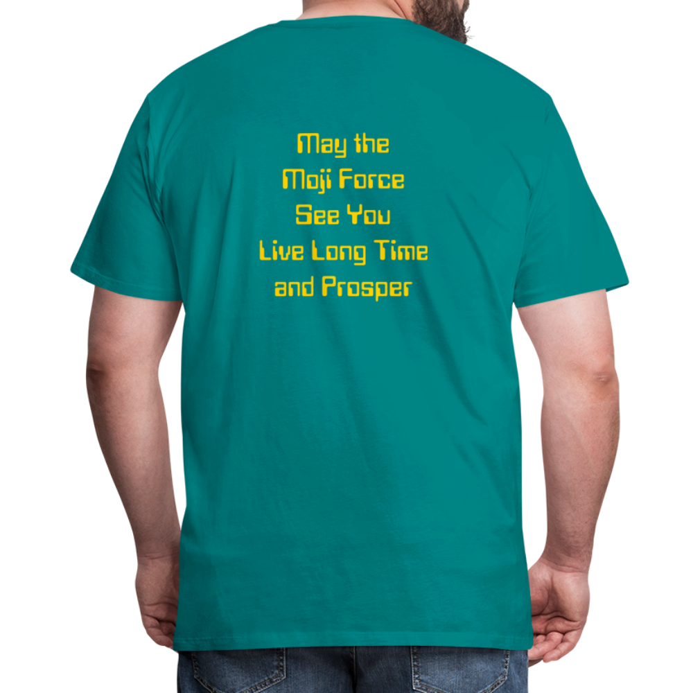 Emoji Expression: Vulcan Salute + May the Moji Force See You Live Long Time and Prosper Text (Double-Sided) Men's Premium T-Shirt - Emoji.Express - teal