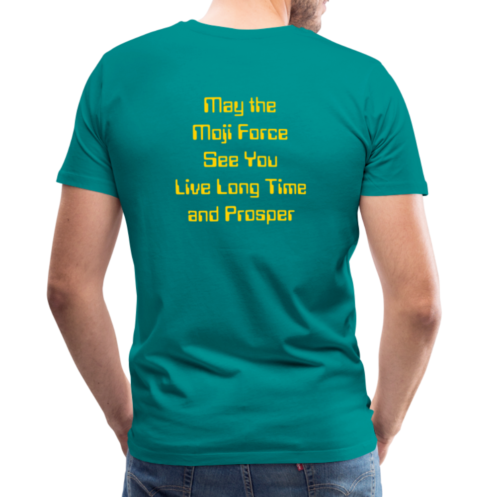 Emoji Expression: Vulcan Salute + May the Moji Force See You Live Long Time and Prosper Text (Double-Sided) Men's Premium T-Shirt - Emoji.Express - teal