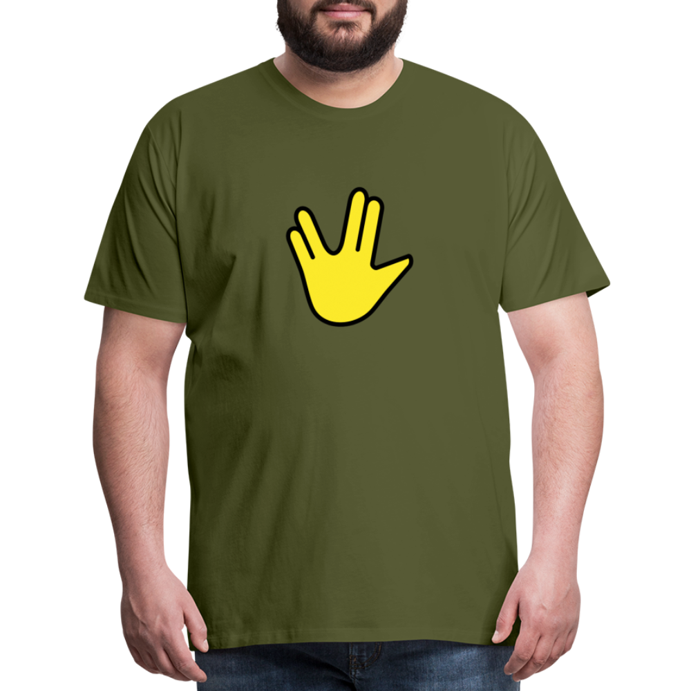 Emoji Expression: Vulcan Salute + May the Moji Force See You Live Long Time and Prosper Text (Double-Sided) Men's Premium T-Shirt - Emoji.Express - olive green