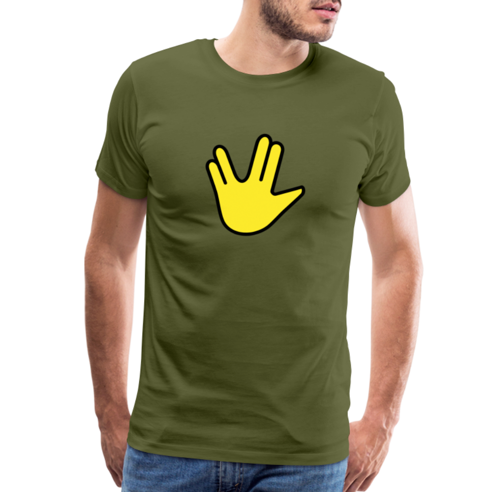 Emoji Expression: Vulcan Salute + May the Moji Force See You Live Long Time and Prosper Text (Double-Sided) Men's Premium T-Shirt - Emoji.Express - olive green