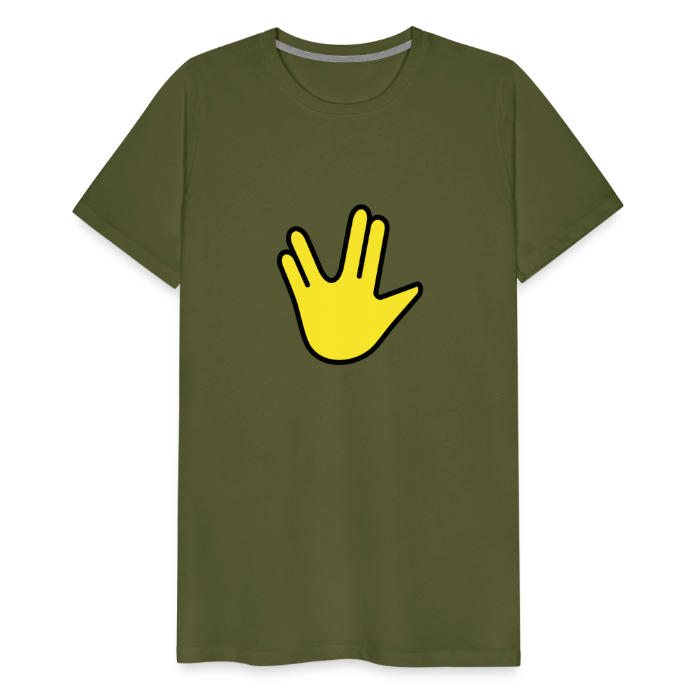 Emoji Expression: Vulcan Salute + May the Moji Force See You Live Long Time and Prosper Text (Double-Sided) Men's Premium T-Shirt - Emoji.Express - olive green