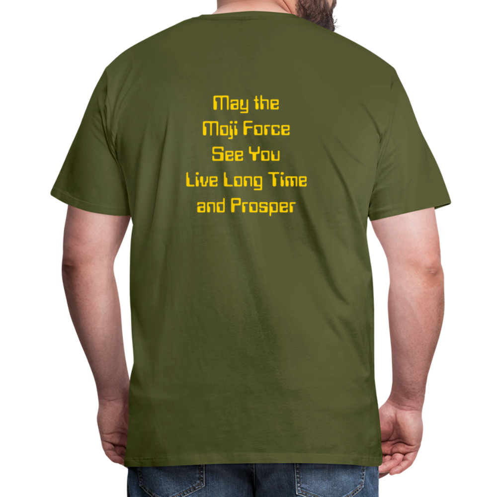 Emoji Expression: Vulcan Salute + May the Moji Force See You Live Long Time and Prosper Text (Double-Sided) Men's Premium T-Shirt - Emoji.Express - olive green