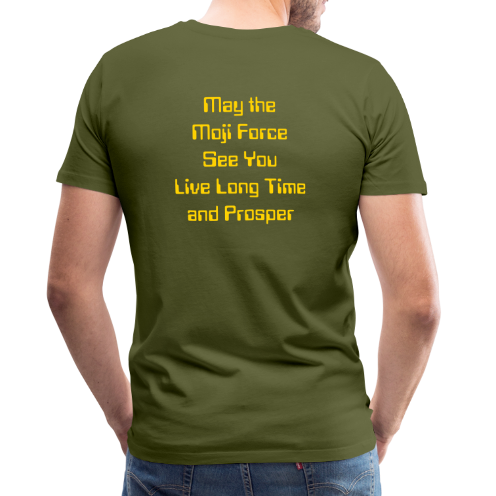 Emoji Expression: Vulcan Salute + May the Moji Force See You Live Long Time and Prosper Text (Double-Sided) Men's Premium T-Shirt - Emoji.Express - olive green