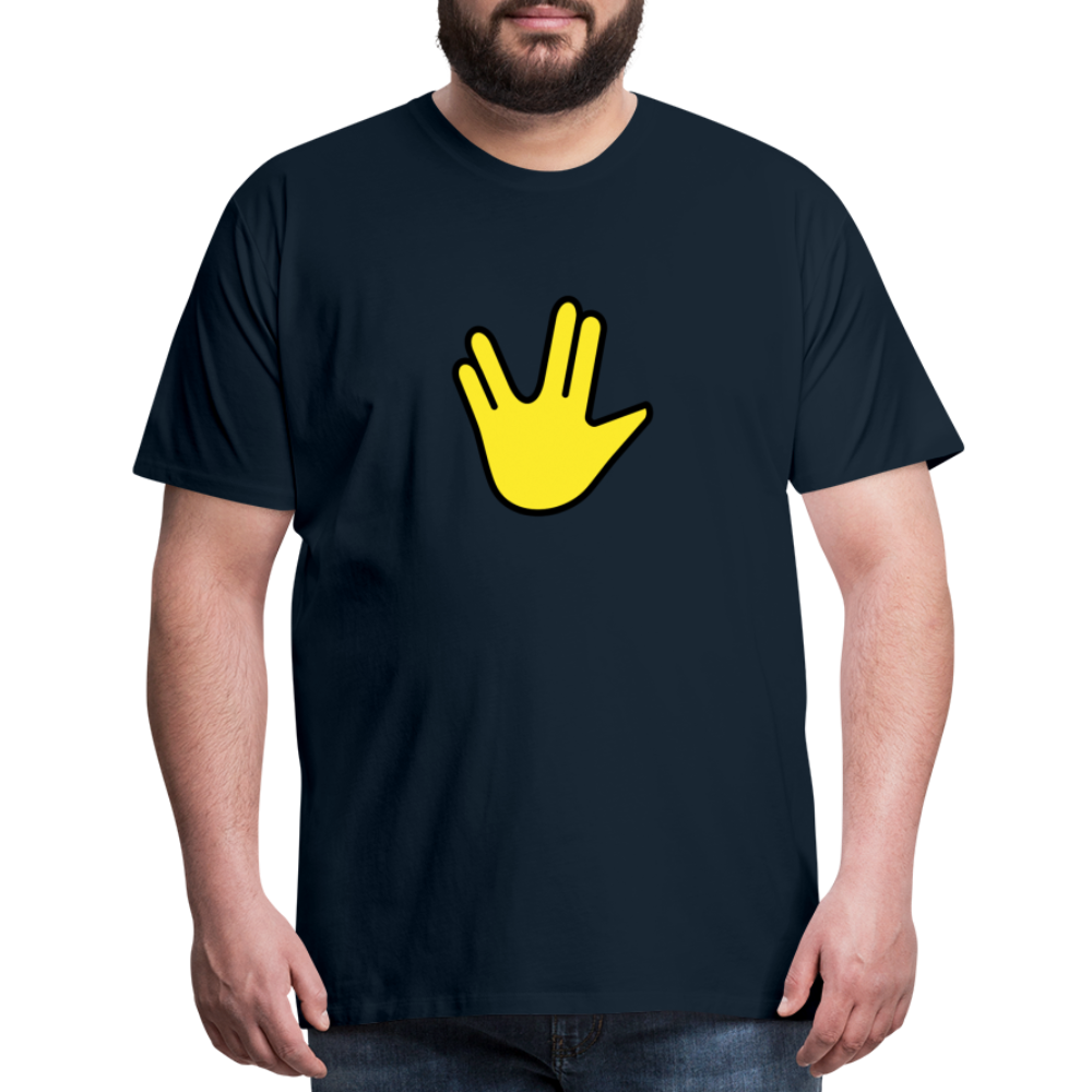 Emoji Expression: Vulcan Salute + May the Moji Force See You Live Long Time and Prosper Text (Double-Sided) Men's Premium T-Shirt - Emoji.Express - deep navy