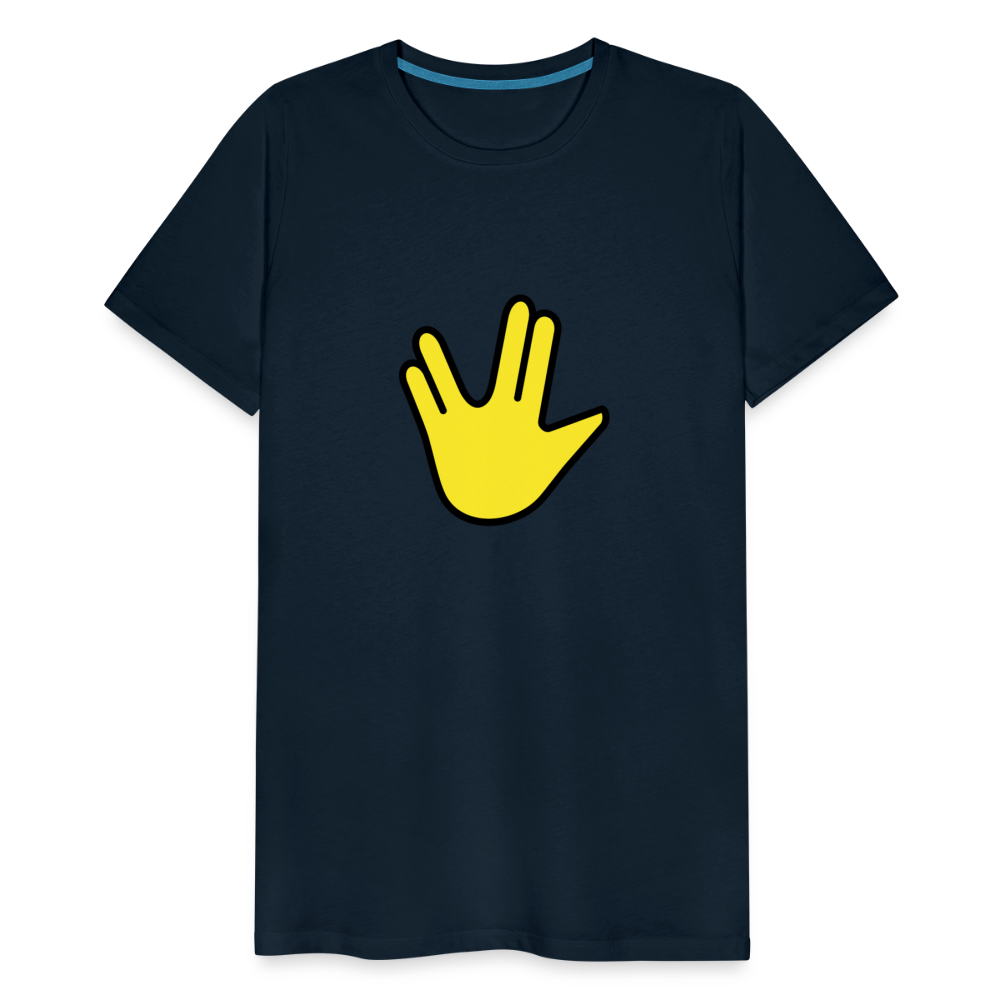 Emoji Expression: Vulcan Salute + May the Moji Force See You Live Long Time and Prosper Text (Double-Sided) Men's Premium T-Shirt - Emoji.Express - deep navy