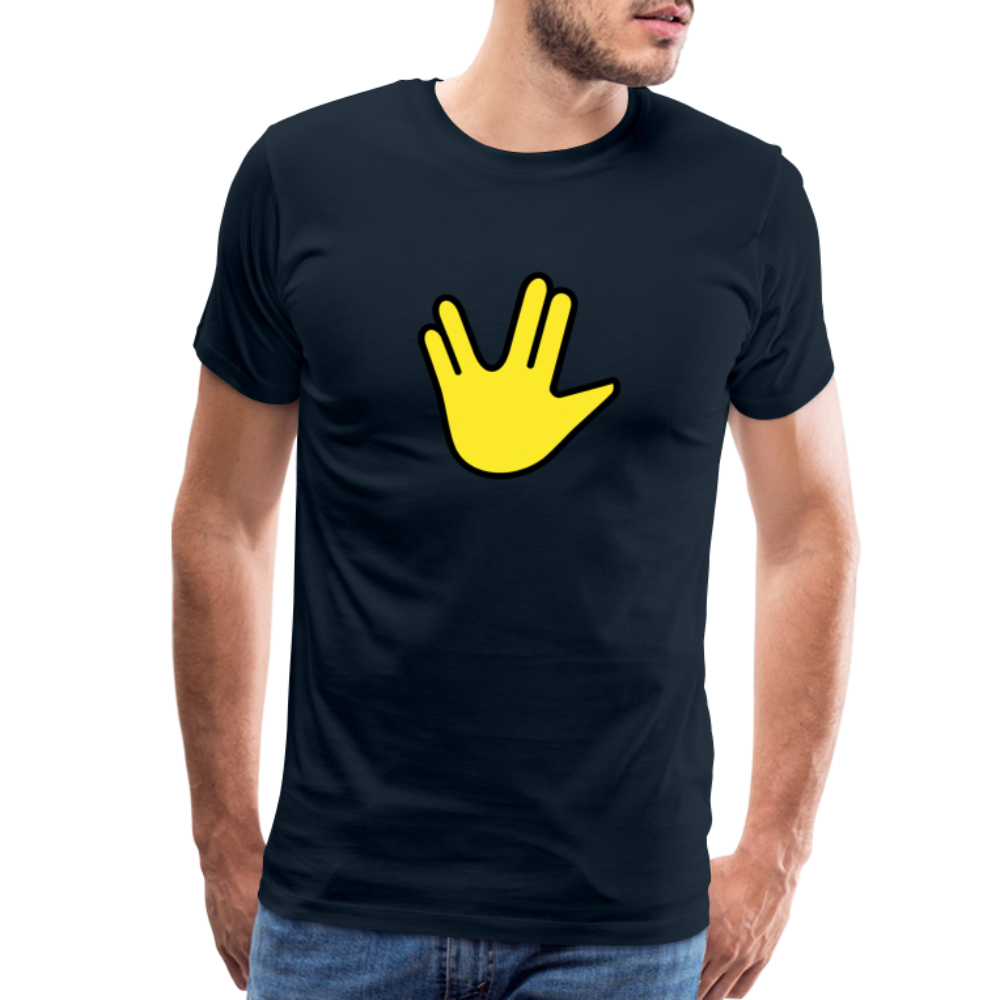 Emoji Expression: Vulcan Salute + May the Moji Force See You Live Long Time and Prosper Text (Double-Sided) Men's Premium T-Shirt - Emoji.Express - deep navy