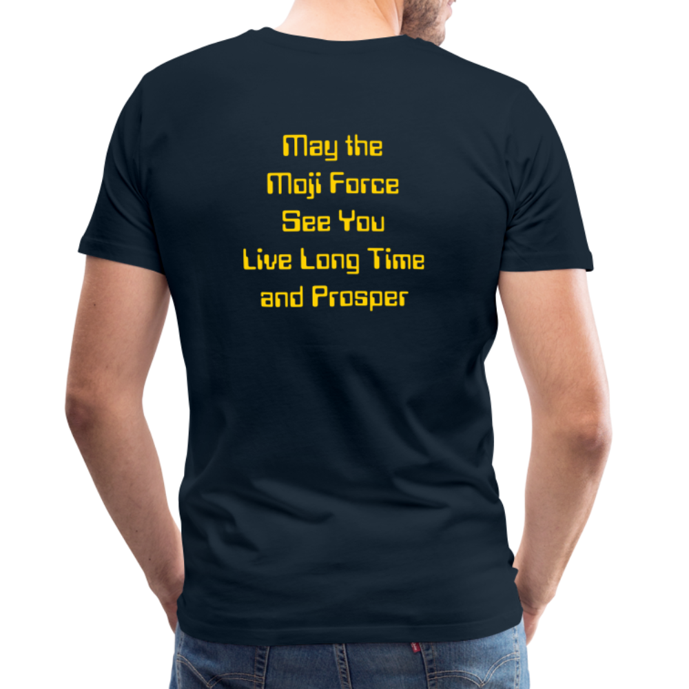 Emoji Expression: Vulcan Salute + May the Moji Force See You Live Long Time and Prosper Text (Double-Sided) Men's Premium T-Shirt - Emoji.Express - deep navy