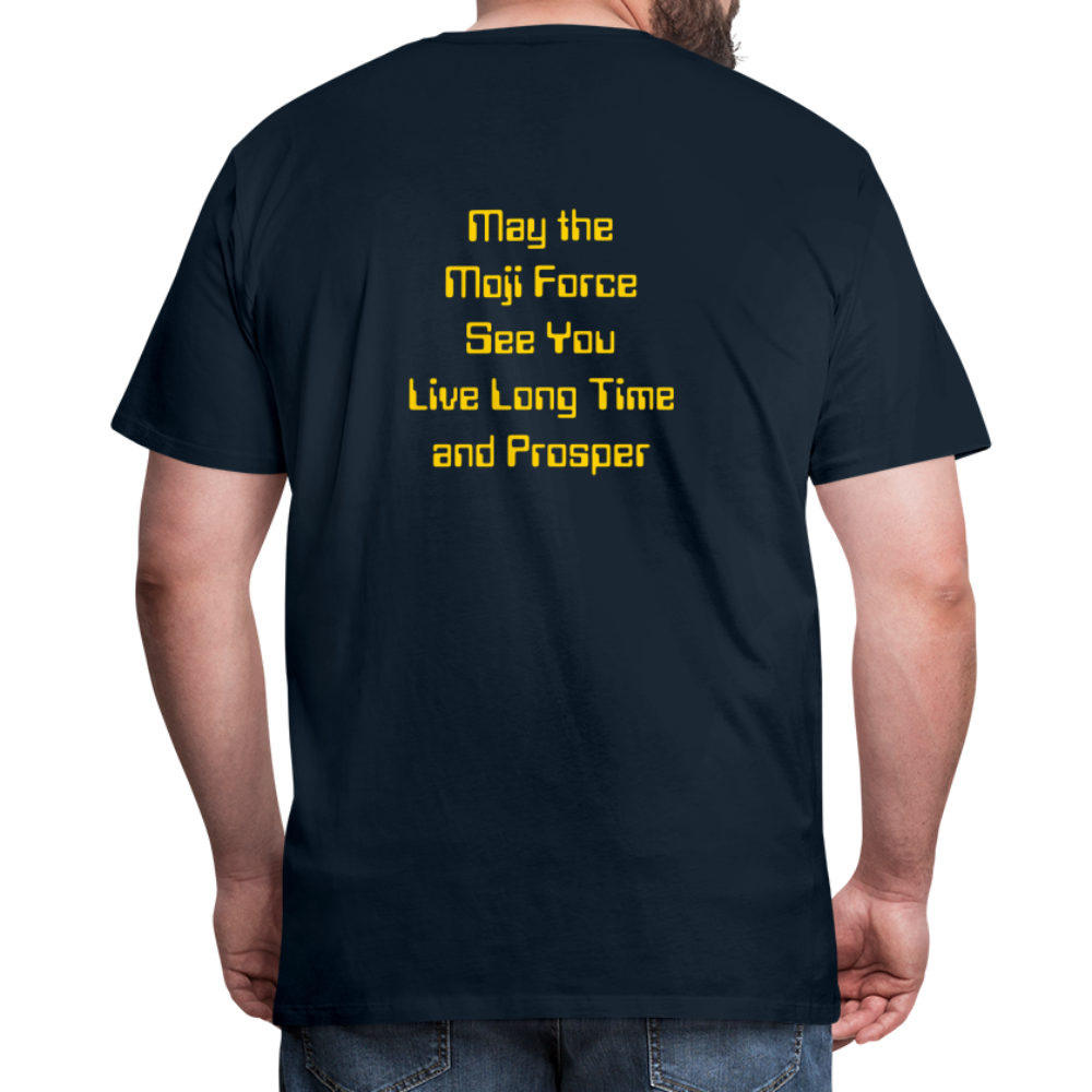 Emoji Expression: Vulcan Salute + May the Moji Force See You Live Long Time and Prosper Text (Double-Sided) Men's Premium T-Shirt - Emoji.Express - deep navy