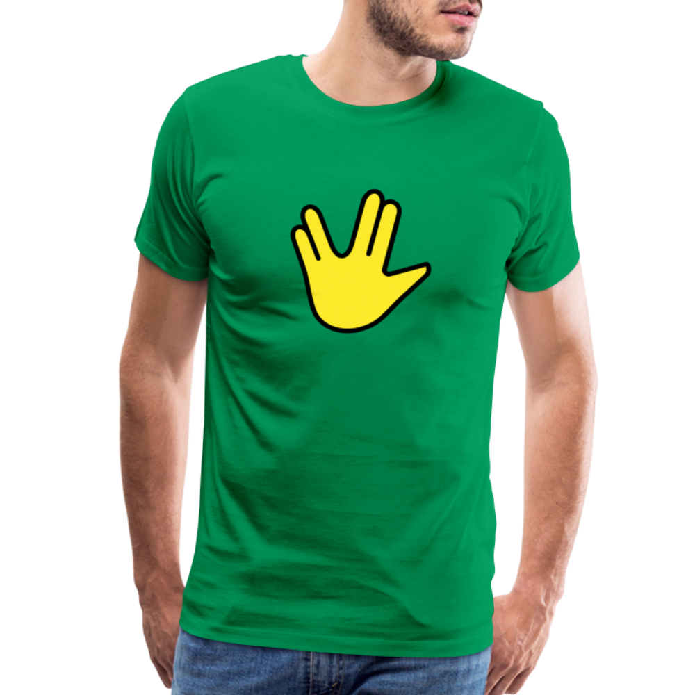 Emoji Expression: Vulcan Salute + May the Moji Force See You Live Long Time and Prosper Text (Double-Sided) Men's Premium T-Shirt - Emoji.Express - kelly green