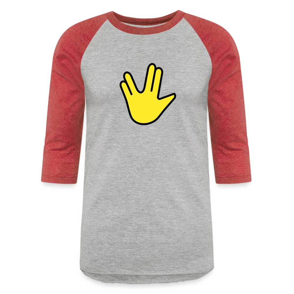 Emoji Expression: Vulcan Salute + May the Moji Force See You Live Long Time and Prosper Test (Double-Sided) Baseball T-Shirt - Emoji.Express - heather gray/red