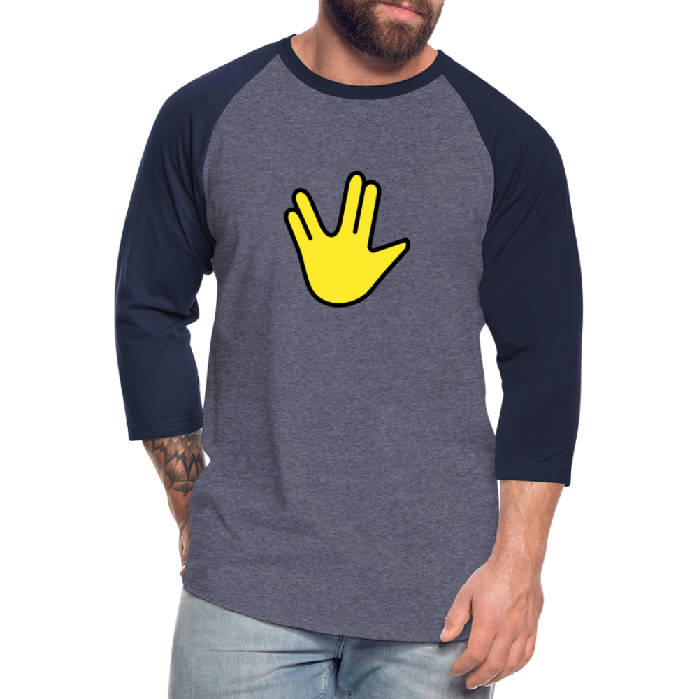 Emoji Expression: Vulcan Salute + May the Moji Force See You Live Long Time and Prosper Test (Double-Sided) Baseball T-Shirt - Emoji.Express - heather blue/navy