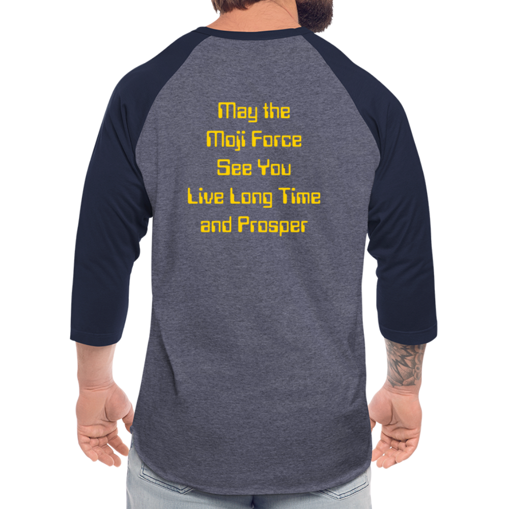 Emoji Expression: Vulcan Salute + May the Moji Force See You Live Long Time and Prosper Test (Double-Sided) Baseball T-Shirt - Emoji.Express - heather blue/navy