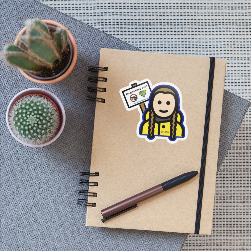 Emoji Expression: Greta Thunberg w/ #KeepitintheGround Moji Sticker - Emoji.Express - white matte