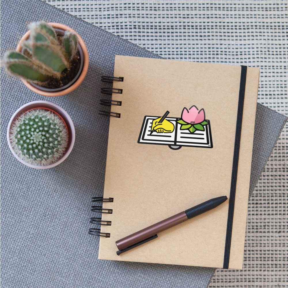 Emoji Expression: The Lotus Effect Writing in Journal Moji Sticker - Emoji.Express - transparent glossy