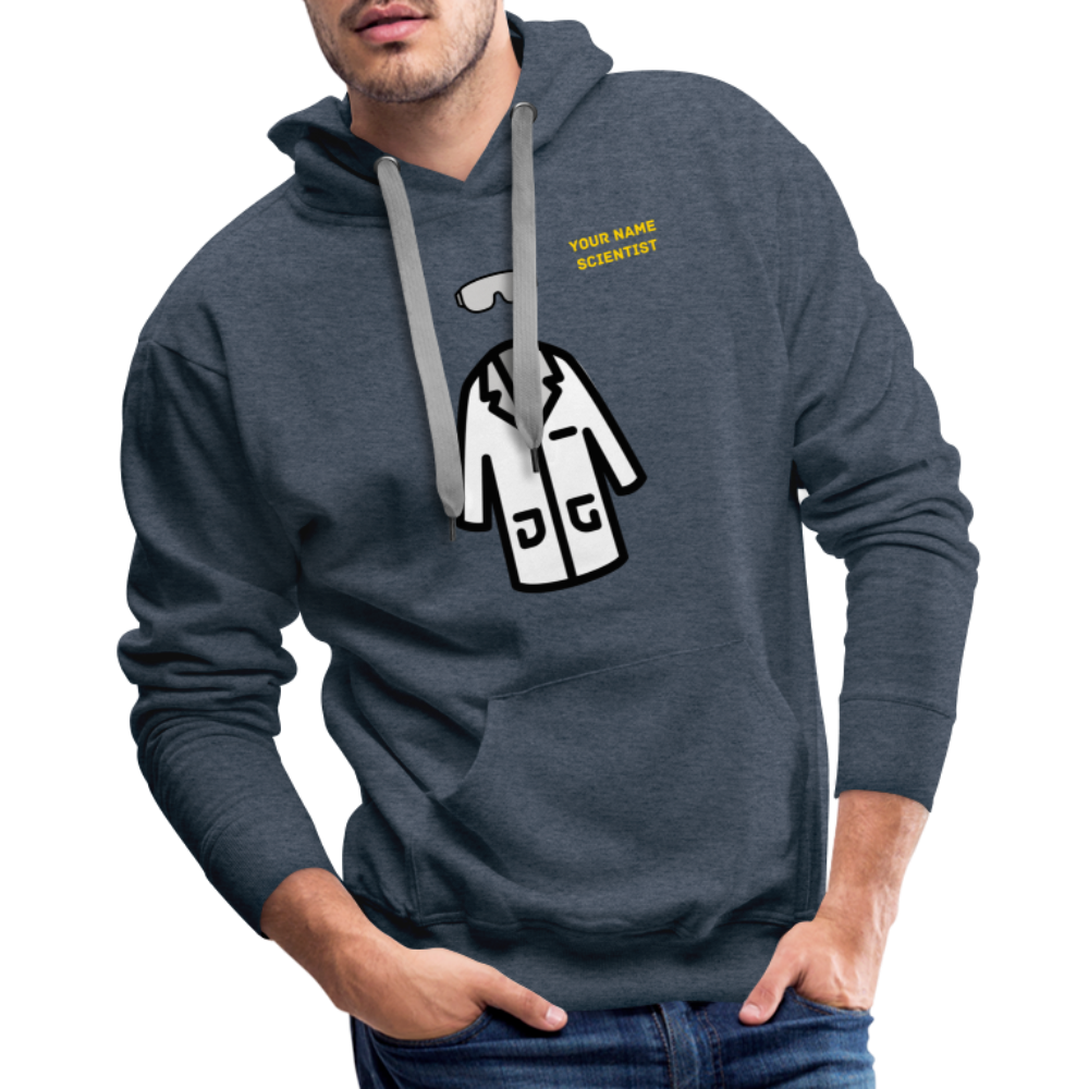 Customizable Lab Coat + Goggles + Name and Title Text Moji Men’s Premium Hoodie - Emoji.Express - heather denim