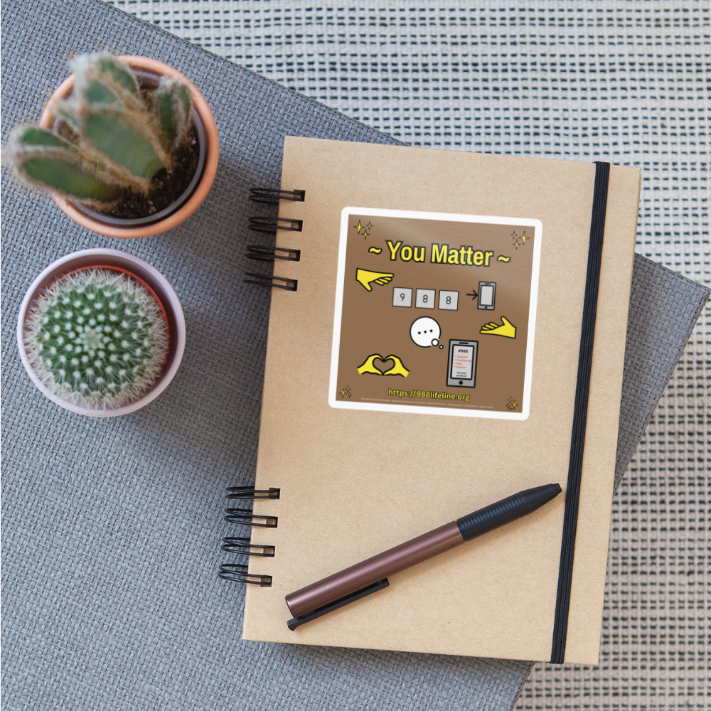 Emoji Expression: ~ You Matter ~ 988 Heart Hands Moji Sticker (Brown) - Emoji.Express - white glossy
