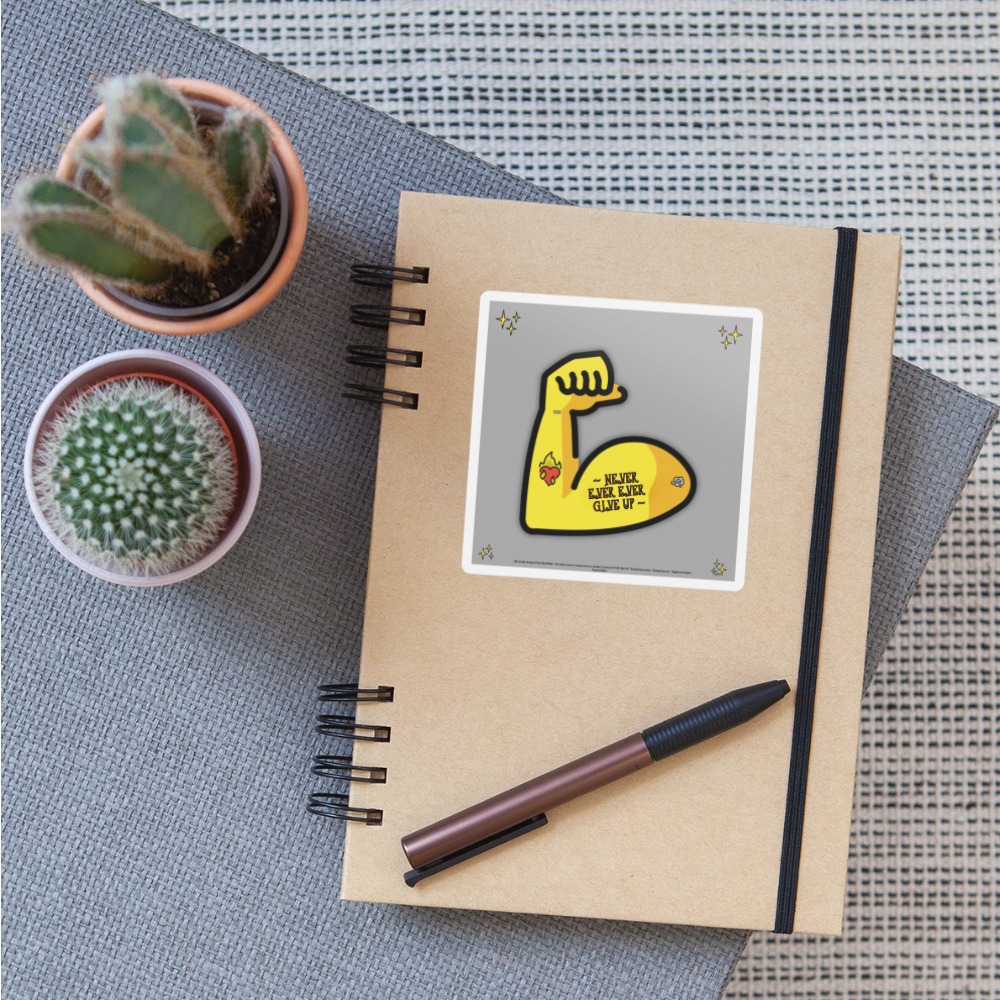 Emoji Expression: Never, Ever Ever Give Up Tattoo'd Bicep Moji Sticker - Emoji.Express - white matte
