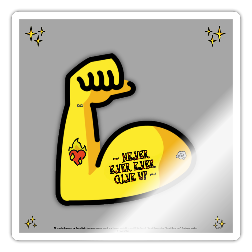 Emoji Expression: Never, Ever Ever Give Up Tattoo'd Bicep Moji Sticker - Emoji.Express - white glossy