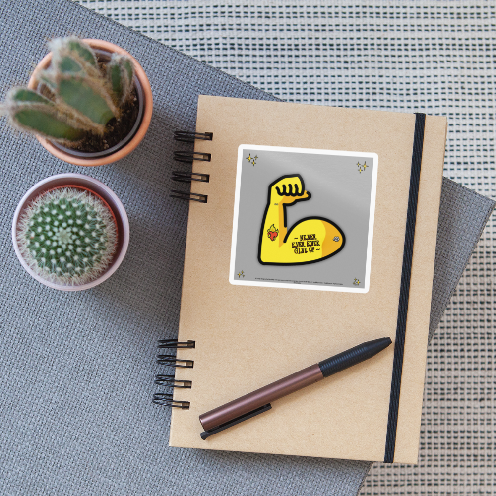 Emoji Expression: Never, Ever Ever Give Up Tattoo'd Bicep Moji Sticker - Emoji.Express - white glossy