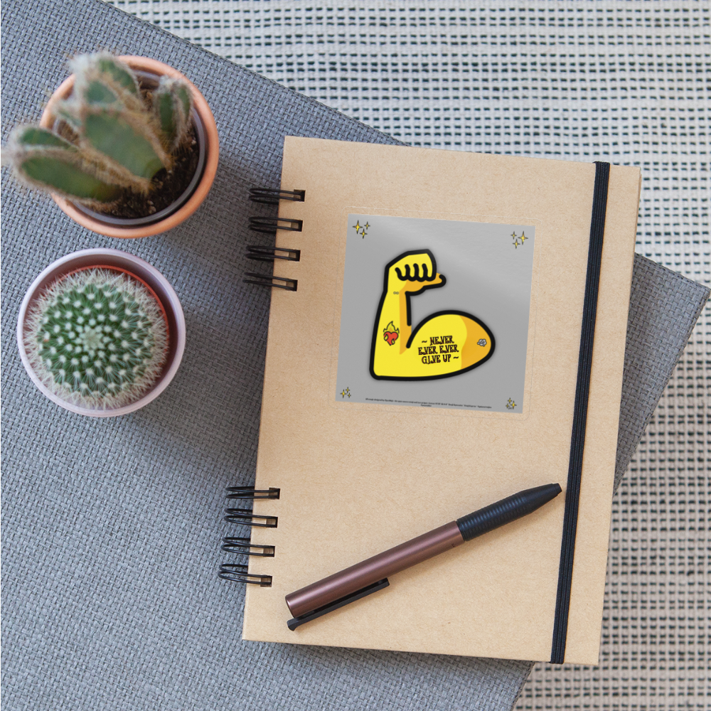 Emoji Expression: Never, Ever Ever Give Up Tattoo'd Bicep Moji Sticker - Emoji.Express - transparent glossy