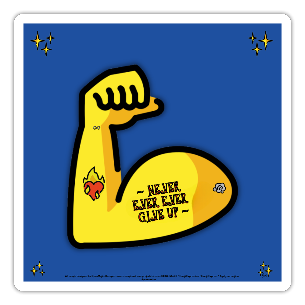 Emoji Expression: Never, Ever Ever Give Up Tattoo'd Bicep (Blue) Moji Sticker - Emoji.Express - white matte