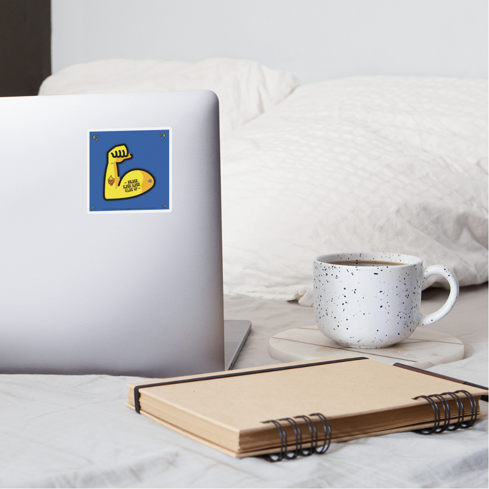 Emoji Expression: Never, Ever Ever Give Up Tattoo'd Bicep (Blue) Moji Sticker - Emoji.Express - white matte