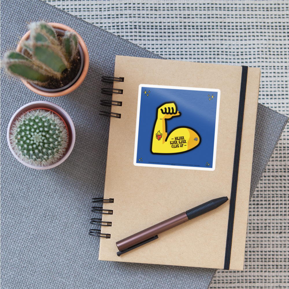 Emoji Expression: Never, Ever Ever Give Up Tattoo'd Bicep (Blue) Moji Sticker - Emoji.Express - white glossy