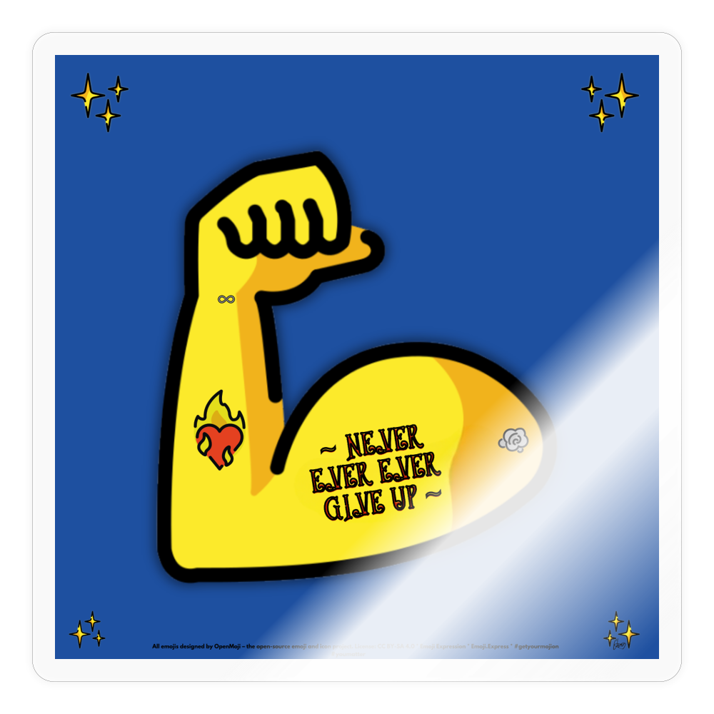 Emoji Expression: Never, Ever Ever Give Up Tattoo'd Bicep (Blue) Moji Sticker - Emoji.Express - transparent glossy