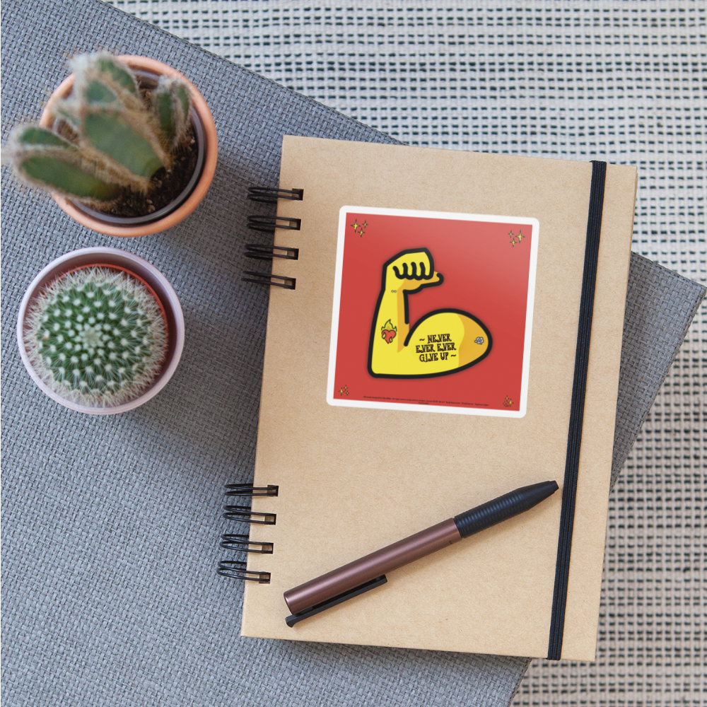 Emoji Expression: Never, Ever Ever Give Up Tattoo'd Bicep (Red) Moji Sticker - Emoji.Express - white matte
