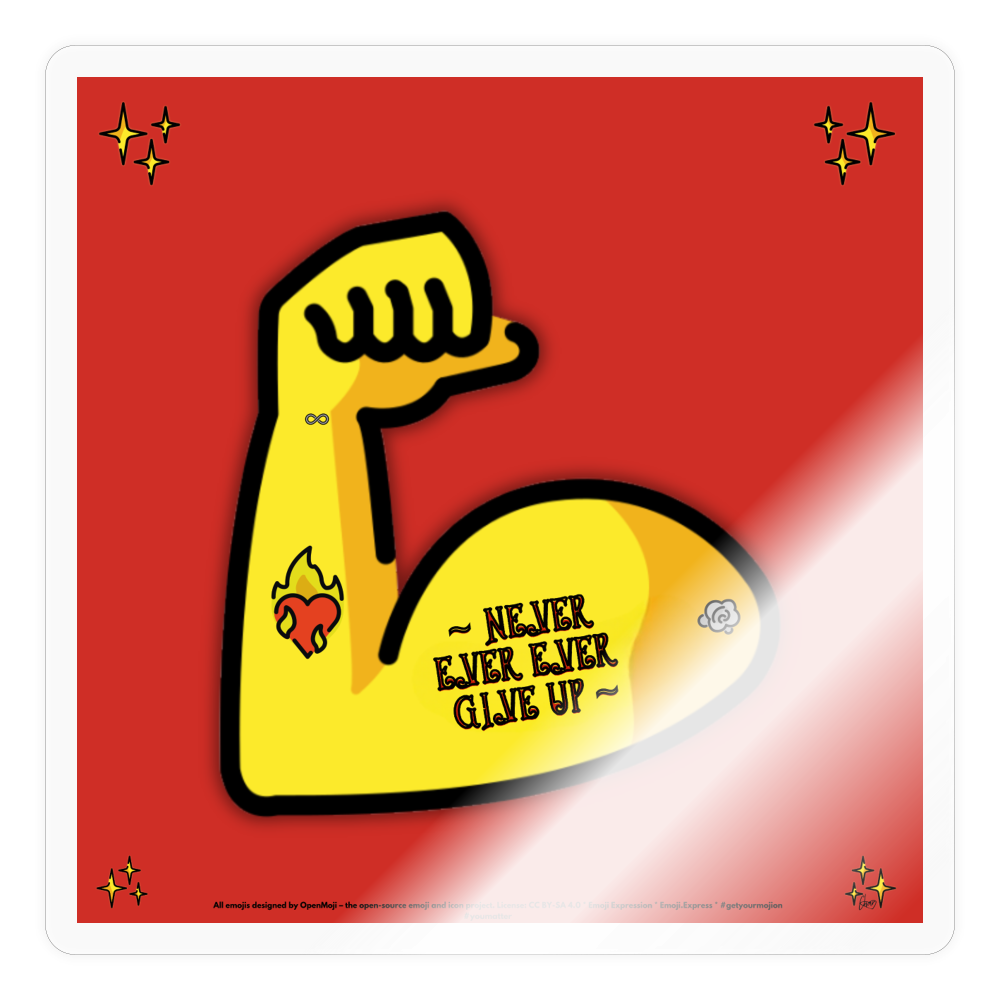 Emoji Expression: Never, Ever Ever Give Up Tattoo'd Bicep (Red) Moji Sticker - Emoji.Express - transparent glossy