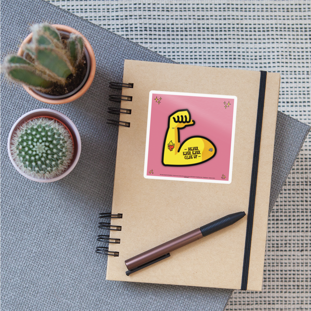 Emoji Expression: Never, Ever Ever Give Up Tattoo'd Bicep (Pink) Moji Sticker - Emoji.Express - white glossy