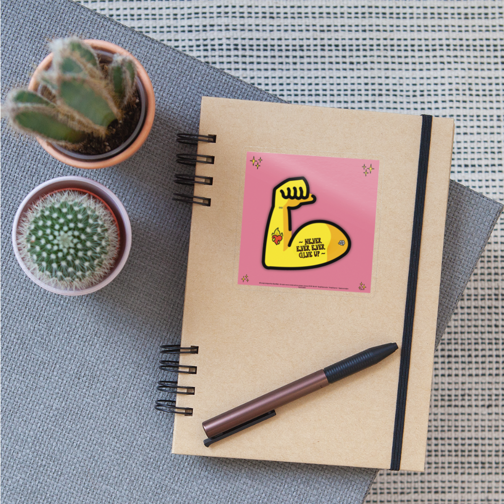 Emoji Expression: Never, Ever Ever Give Up Tattoo'd Bicep (Pink) Moji Sticker - Emoji.Express - transparent glossy