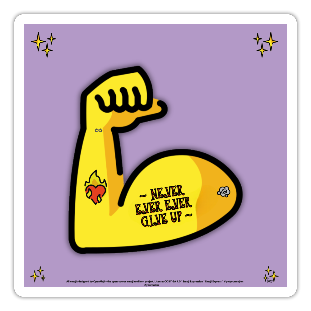 Emoji Expression: Never, Ever Ever Give Up Tattoo'd Bicep (Lavender) Moji Sticker - Emoji.Express - white matte