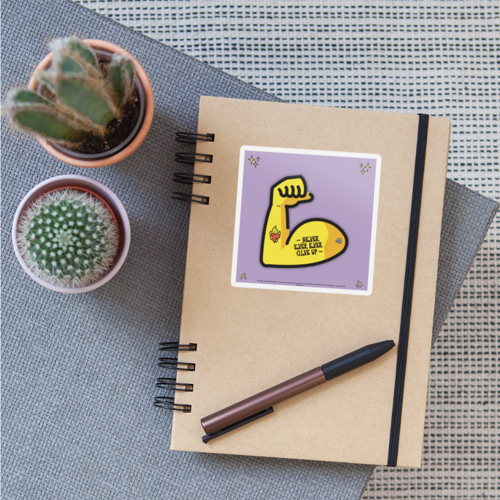Emoji Expression: Never, Ever Ever Give Up Tattoo'd Bicep (Lavender) Moji Sticker - Emoji.Express - white matte