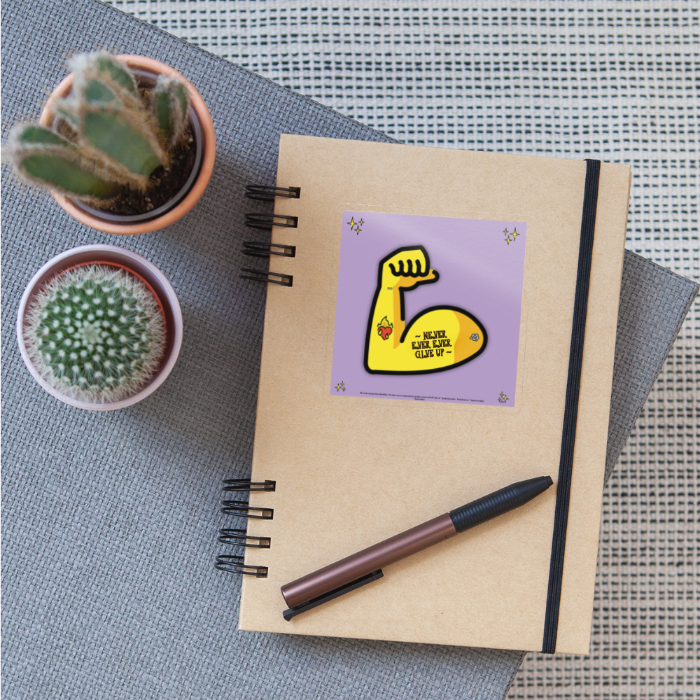 Emoji Expression: Never, Ever Ever Give Up Tattoo'd Bicep (Lavender) Moji Sticker - Emoji.Express - transparent glossy