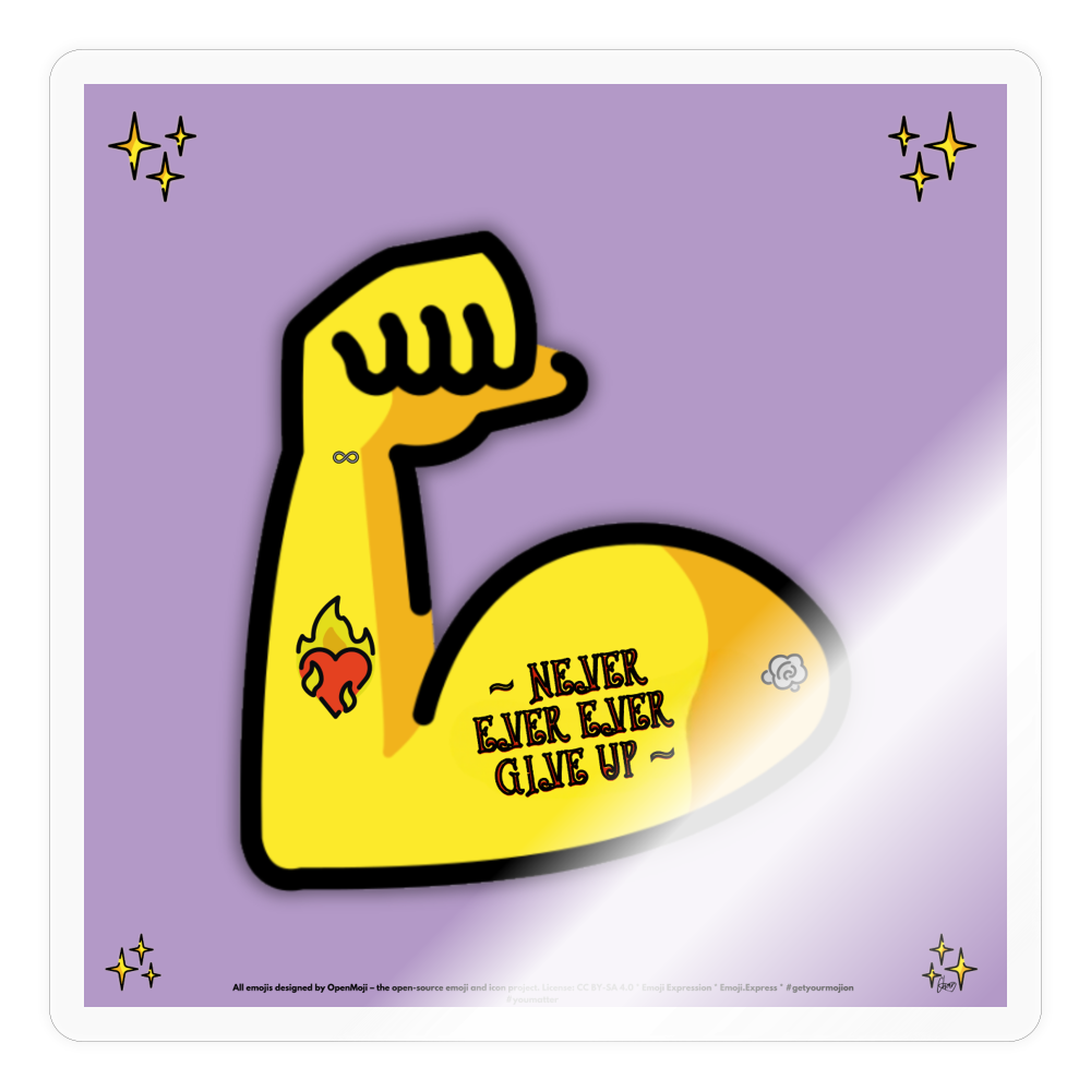 Emoji Expression: Never, Ever Ever Give Up Tattoo'd Bicep (Lavender) Moji Sticker - Emoji.Express - transparent glossy