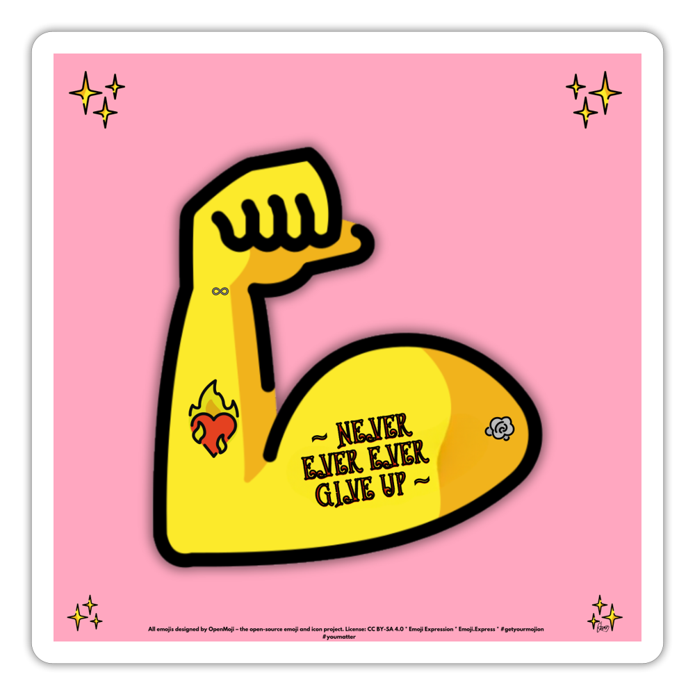 Emoji Expression: Never, Ever Ever Give Up Tattoo'd Bicep (Light Pink) Moji Sticker - Emoji.Express - white matte