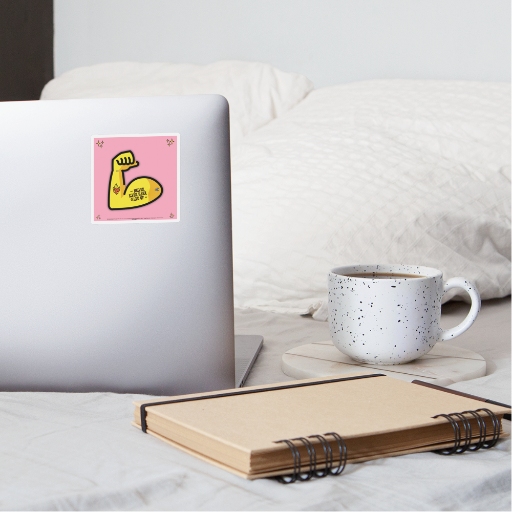 Emoji Expression: Never, Ever Ever Give Up Tattoo'd Bicep (Light Pink) Moji Sticker - Emoji.Express - white matte