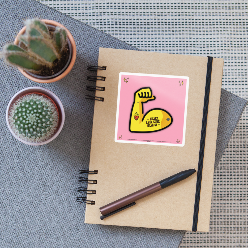 Emoji Expression: Never, Ever Ever Give Up Tattoo'd Bicep (Light Pink) Moji Sticker - Emoji.Express - white glossy