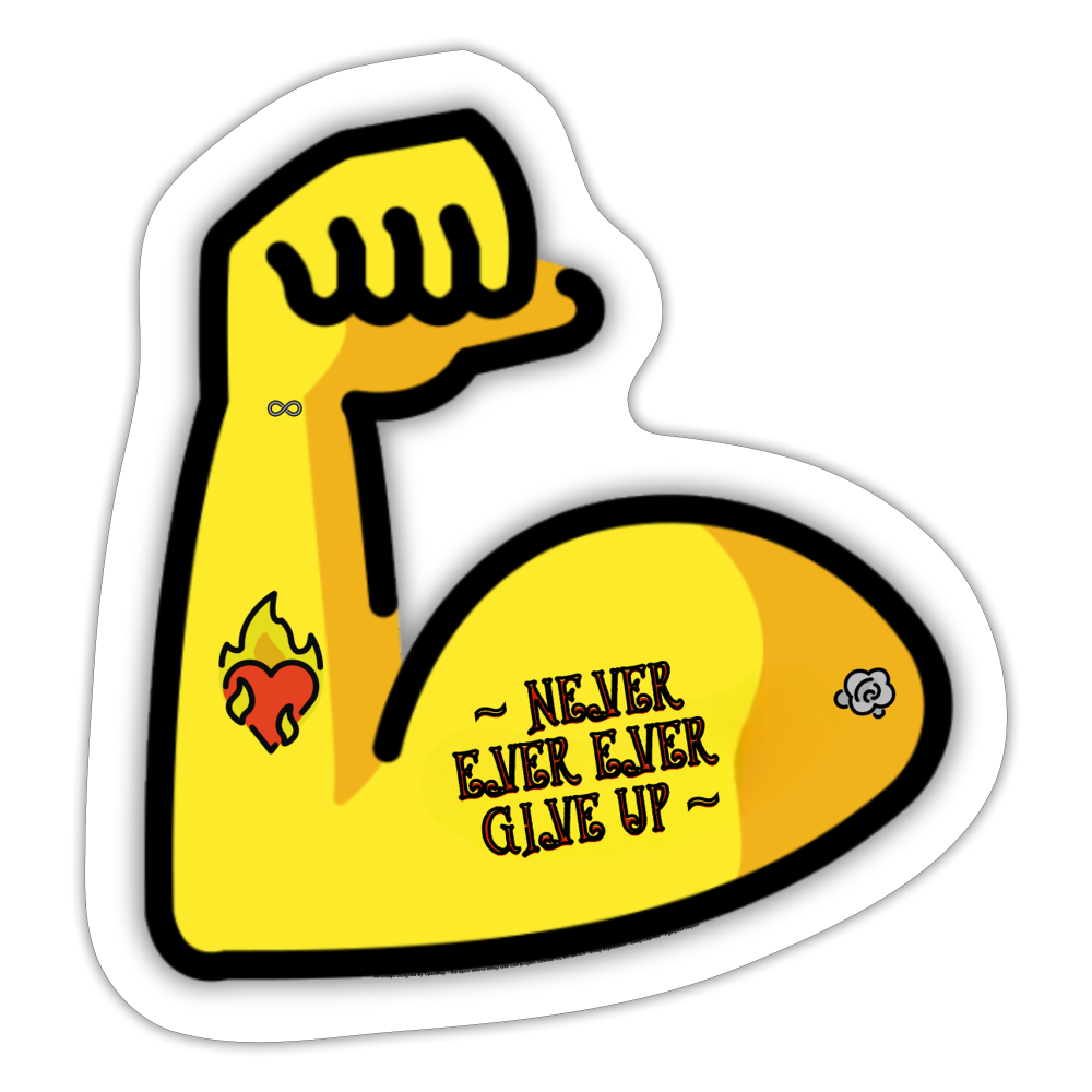 Emoji Expression: Never, Ever Ever Give Up Tattoo'd Bicep (Clear) Moji Sticker - Emoji.Express - white matte