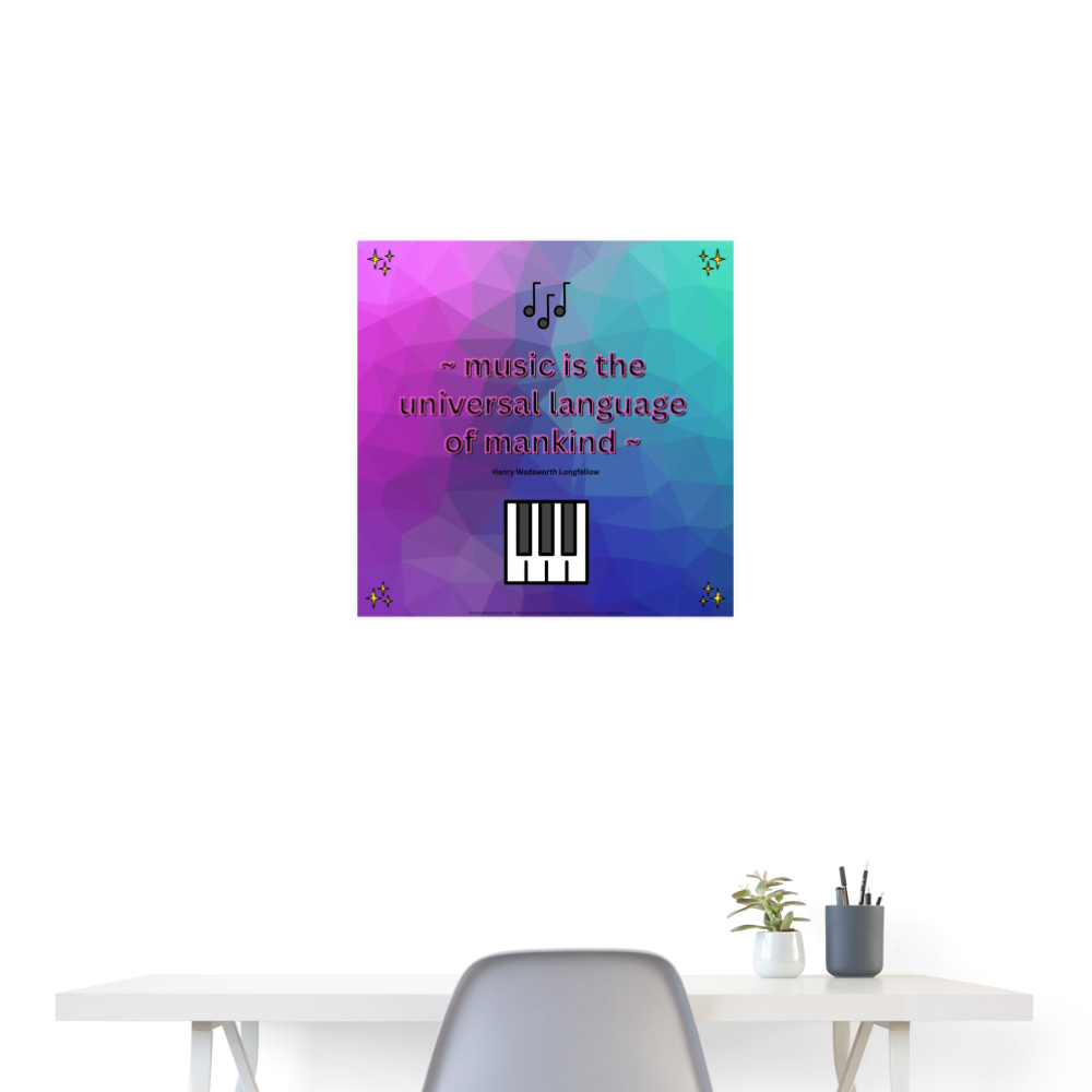 Quote "Music is the Universal Language of Mankind" with Sparkles, Musical Notes & Music Keyboard Mojis Wall Art 24x24 Poster - Emoji.Express - white