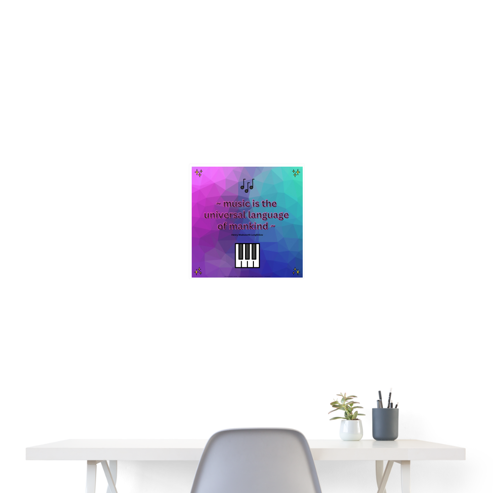 Quote "Music is the Universal Language of Mankind" with Sparkles, Musical Notes & Music Keyboard Mojis Wall Art 16x16 Poster - Emoji.Express - white