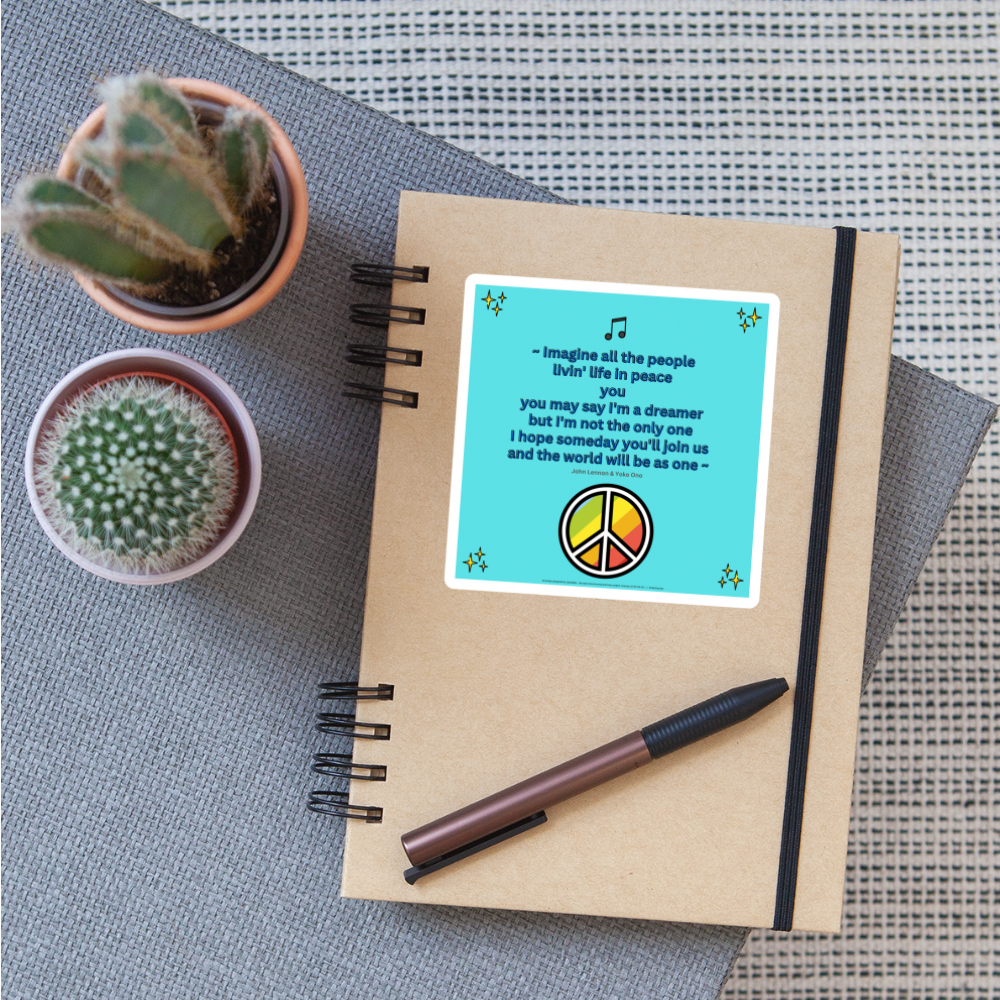 Lyric Quote "Imagine all Lyric Quote from Imagine by John Lennon and Yoko Ono with Sparkles, Musical Note & Peace Symbol Mojis Sticker - Emoji.Express - white matte