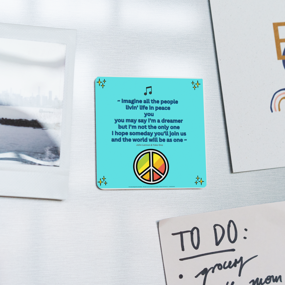 Lyric Quote "Imagine all Lyric Quote from Imagine by John Lennon and Yoko Ono with Sparkles, Musical Note & Peace Symbol Mojis Square Magnet - Emoji.Express - white