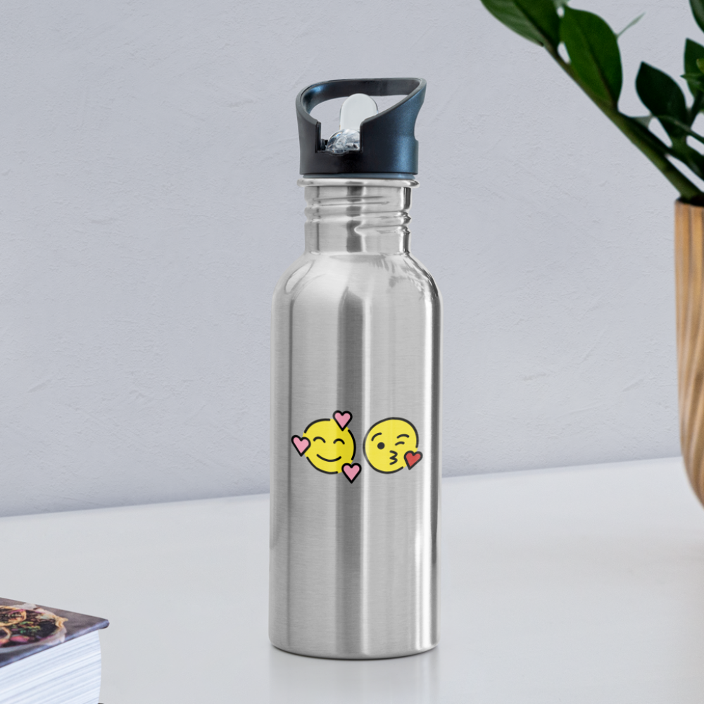Smiling Face w/ Hearts + Face Blowing a Kiss Power Pair Mojis Water Bottle - Emoji.Express - silver