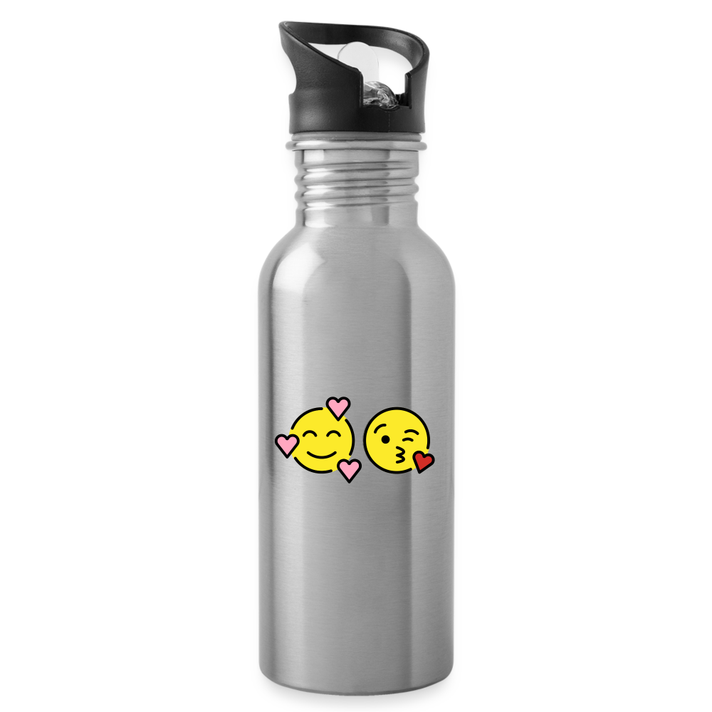 Smiling Face w/ Hearts + Face Blowing a Kiss Power Pair Mojis Water Bottle - Emoji.Express - silver