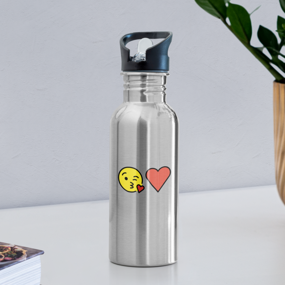 Face Blowing a Kiss + Red Heart Mojis Power Pair Water Bottle - Emoji.Express - silver