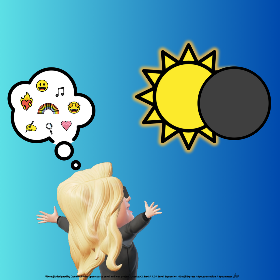 Avatar Char on a blue gradient background, wearing sunglasses and looking toward the total eclipse (glowing sun and black moon emoji) with a thought bubble and various emoji like heart on fire, writing hard, music note, etc...  